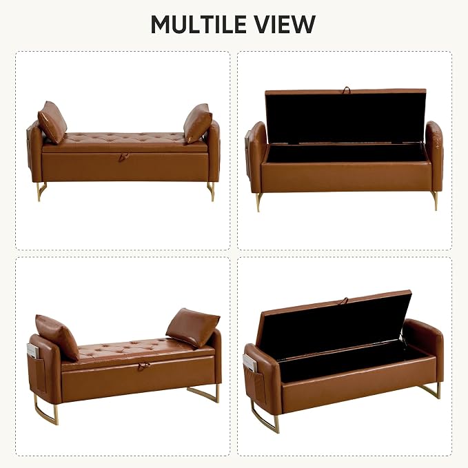 48" End of Bed Bench, Modern Storage Benches with Button-Tufted, Leather Upholstered Storage Ottoman Bench for Foot of Bed with Arms, Gold Legs Window and Entryway, Brown