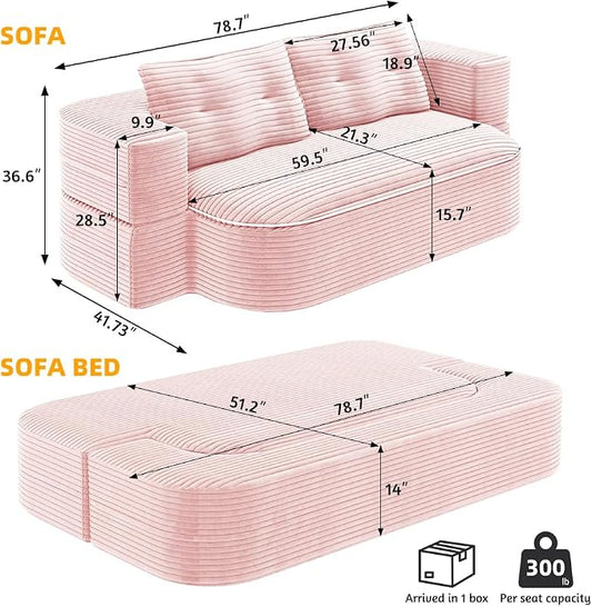78.7" Futon Sofa Bed, 2-in-1 Foldable Sleeper Sofa, Convertible Sofa Bed with Pillows, Corduroy Couch with Multi Functional Blanket Upholstered Boneless Couches for Living Room, Creamy Pink