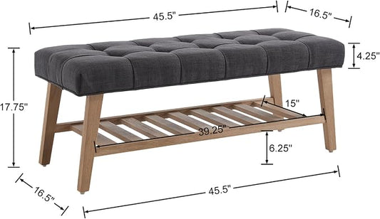 Kmax Entryway Bench with Shoe Storage, Fabric Upholstered Tufted Wood Storage Bench for Living Room Window Bench for Bedroom End of Bed - Linen, Charcoal