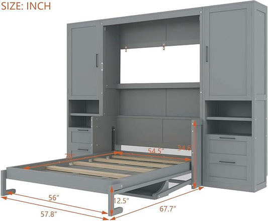Full Size Murphy Bed with Storage, Wall Bed with Closet and Drawers | Top shelf, side wardrobe and two drawers keep bedding, clothes and daily items organized in a compact cabinet