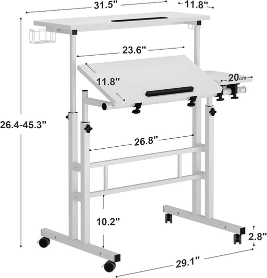 SogesHome 31.5 inch Mobile Standing Desk Adjustable Computer Desk Rolling Laptop Cart Portable Laptop Stand on Wheels Home Office Workstation with Cup Holder,Headphone Holder, Upgrade White