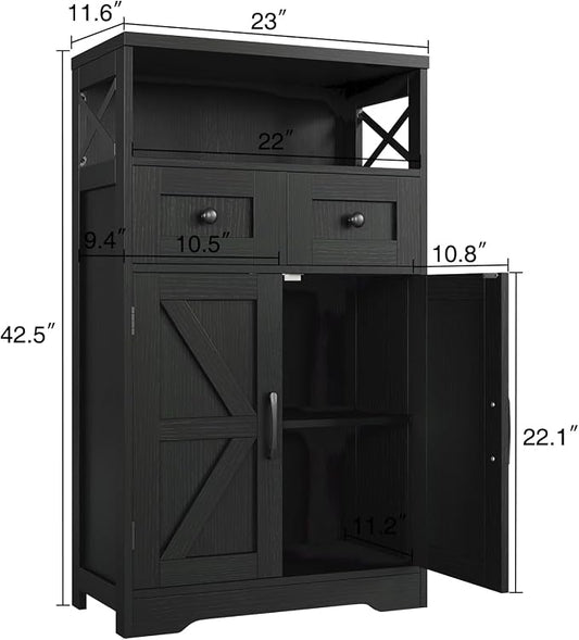 Befrases Black Storage Cabinet with Drawers and Shelves, Freestanding Black Kitchen Pantry, Floor Storage Cabinet Hutch Cupboard for Dining, Living Room, Home Office