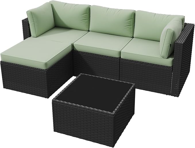 Aoxun Patio Furniture Set 5-Piece, Outdoor Sectional Sofas with Washable Cushion, Wicker Rattan Patio Conversation Sets for Backyard Porch and Poolside, Mint Green