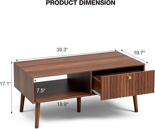 LCRBOL Coffee Table with Fluted Drawer, Mid-Century, Walnut | 39.3"W x 19.7"D x 17.1"H, 1 fluted drawer & open shelf, golden handle, 5 legs, ~45 min assembly