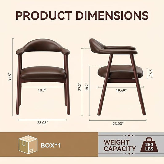 MALOL Leather Dining Chair with Armrest Set of 2, Upholstered Dining Room Chair with Curved Back and Wood Legs, Mid Century Modern Kitchen Chairs for Kitchen Dining Room,Dark Brown