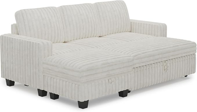 Belffin Corduroy Modular Sectional Sleeper Sofa with Pull Out Bed Small Sectional Couches with Storage for Living Room Apartment Couch. Beige Couch