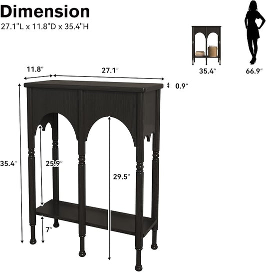 Console Table with Storage Shelf, 28" Small Entryway Table with Roman-Style Legs, Wooden Sofa Table Retro 2-Tier for Living Room, Hallway, Black