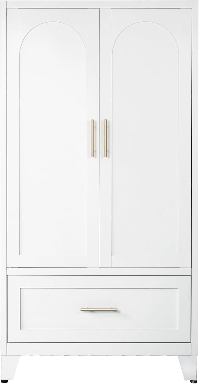 60" Tall Metal Wardrobe Cabinet with 1 Drawer and Hanging Rod, 2 Doors Wardrobe Closet with Shelf for Bedroom, Office, Laundry Room,Entryway,Foyer,Guesthouse White