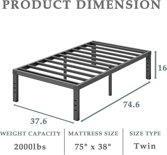 FSCHOS Heavy Duty Twin Size Metal Bed Frame, 16 Inch Clearance, Easy Assembly, No Box Spring Needed, Stable Structure, 2000 LB Weight Capacity, Under-Bed Storage Space, Black