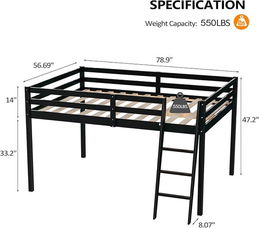 VINGLI Junior Low Loft Bed with Stairs, 47 Inches High Sleeper Bed Full Size for Adults, Kids and Young Teens, No Box Spring Required, Solid Wood Slat Support, Black