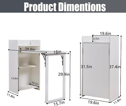 Fold Out Desk with Storage and Built-in Outlet, Mid Century Foldable Desk for Small Spaces, Hidden Folding Table for Home Office or Bedroom (White)