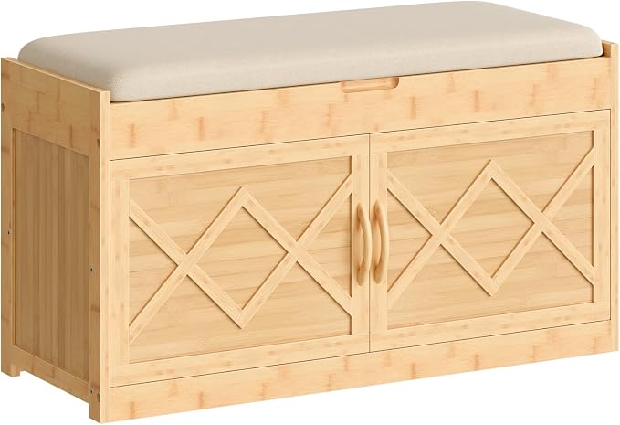 HOOBRO Shoe Bench, Shoe Storage Bench with Cushion, Bamboo Entryway Bench with Hidden Compartment, Storage Bench with Lift Top and 2 Door, for Living Room, Bedroom, Hallway, Beige and Natural YE60HX01
