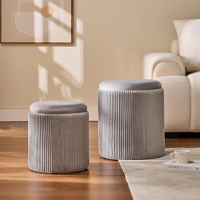 BLEXA Round Set of 2 Ottoman with Storage-Upholstered Velvet Vanity Stool for Makeup Multifunctional Ottomans Coffee Table Padded Seat Foot Rest for Living Room&Bedroom(Ligth Grey)