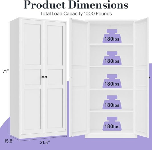 71" Tall Metal Pantry Cabinet,Kitchen Pantry Cabinet with 4 Adjustable Shelves and Magnetic Doors,Cupboard for Kitchen/Dining Room/Bathroom/Home Office(White)