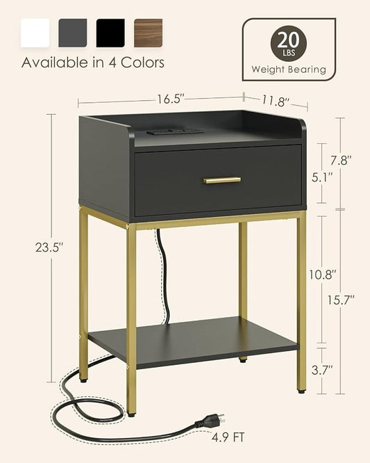 Masupu Nightstand with Charging Station,3-Tier Modern Bedside Night Stand with Storage Drawer and Shelf,Small End Side Table for Bedroom,Living Room,Gold and Black