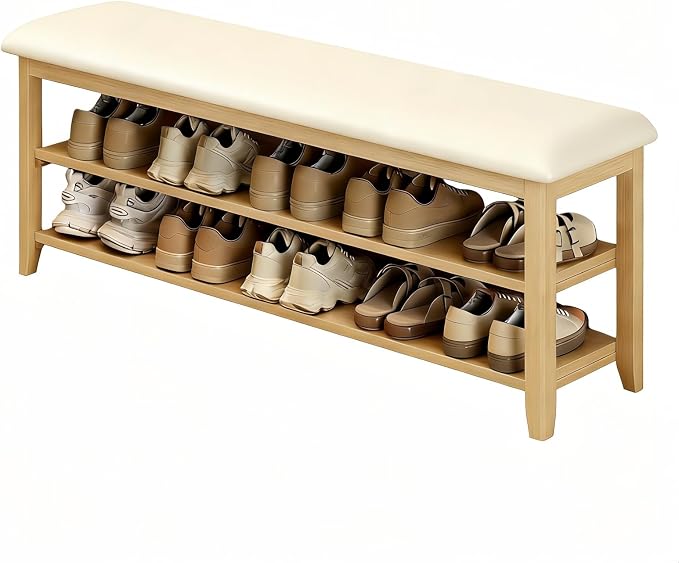 Shoe Bench Storage with Leather Cushion, Rustic Solid Wood Entryway Bench with 2 Height-Adjustable and Removable Shelves for Hallway, Living Room, Mudrooms (Natural Wood,47.2")