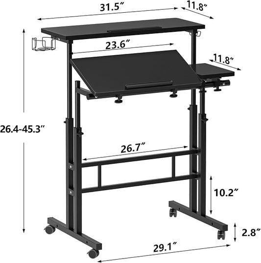 SogesHome 31.5 inch Mobile Standing Desk Adjustable Computer Desk Rolling Laptop Cart Portable Laptop Stand on Wheels Home Office Workstation with Cup Holder,Headphone Holder, Upgrade Black