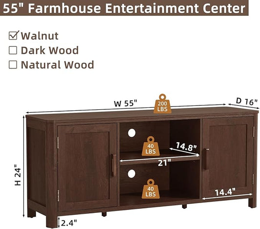 Joaxswe Farmhouse 55" Entertainment Center,Walnut Tv Stand with Adjustable Shelves & 2 Door Storage,Wooden Media Console Cabinet for TVs Up to 65 inches, Rustic Tv Stands for Living Room,Bedroom