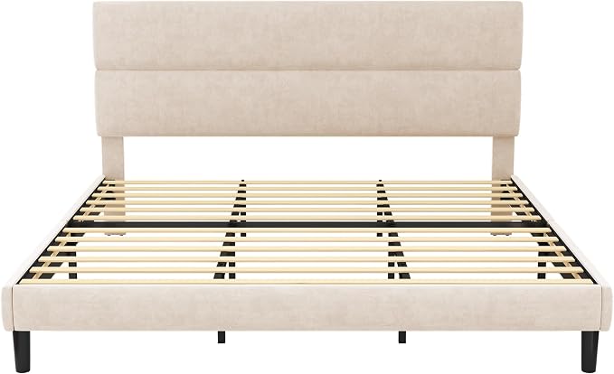 GRUSIGN King Size Platform Bed Frame with Velvet Headboard, Adjustable Height Wooden Slats Support, Upholstered Mattress Foundation, Fits Mattress or Mattress with Box Spring, Easy Assembly, Beige