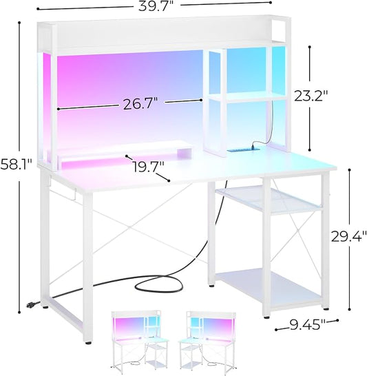 Cyclysio Gaming Desk with Hutch, 39'' Computer Desk with LED Lights & Power Outlets, Home Office Desk with Reversible 5 Tiers Storage Shelves & Monitor Stand, Small Gaming Table for Small Space, White