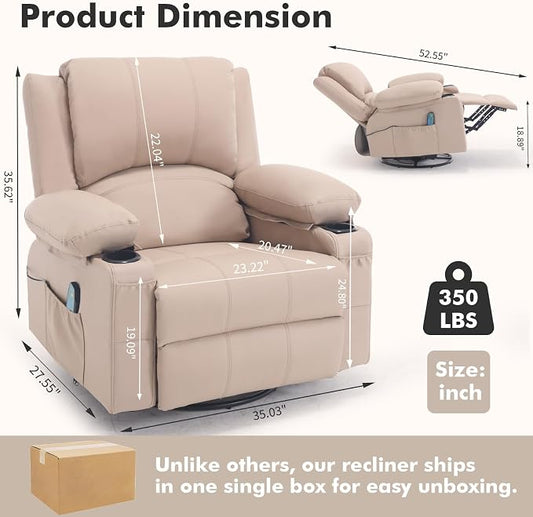 Leather Recliner Chair with Heat and Massage Cup Holder, Thickly Padded Overstuffed Rocking Glider Chair, Swivel Rocker Recliner Chair for Nursery, Khaki