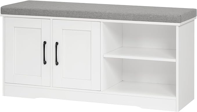 MAHANCRIS Storage Bench, 39.4" Wide Shoe Bench with Padded Seat Cushion, Entryway Bench with 2 Doors and Adjustable Shelf, End of Bed Bench, for Hallway, Bedroom, White and Gray BSWT1201
