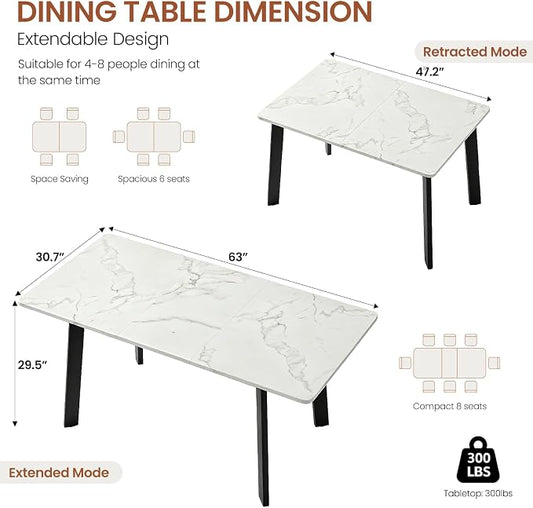 Modern 47.2"-63" Extendable Rectangular Dining Table, White | Removable Extension Leaf, Durable MDF Tabletop, Accommodates 4-8 Guests, Industrial Dining Room Small Kitchen & Dinner Spaces