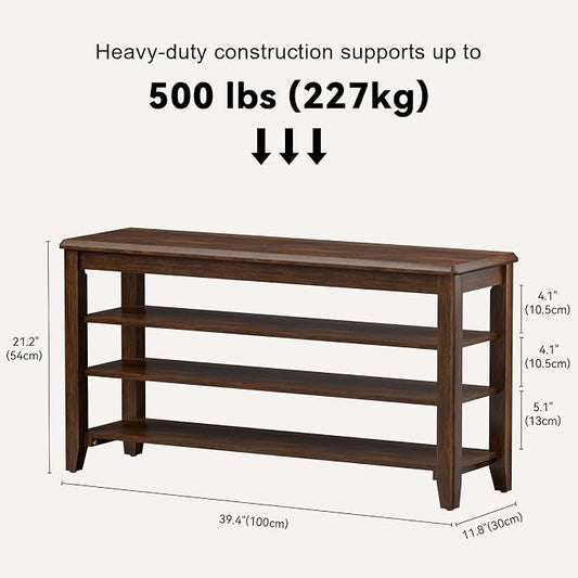 Taitiy Shoe Bench Storage Rubberwood, Entryway Bench with 3-Tiers Height Adjustable, Shoe Rack Front Door Entrance Organizer for Hallway Living Room, Mudrooms, Walnut,39.4"