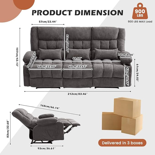 MAHOMICO Recliner Sofa with Cup Holders for Living Room 3 Seat Manual Oversized Recliner Chiar with Ergonomic, Side Pocket for Adult