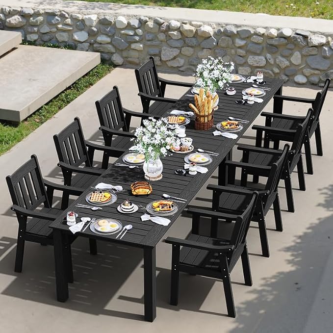 YEFU HIPS Patio Table Set: 10 Piece Outdoor Table and Chairs Dining Furniture Set with Umbrella Hole - Black Modern Plastic Dining Sets 8 Person for Outside Deck with Metal Aluminum Frame