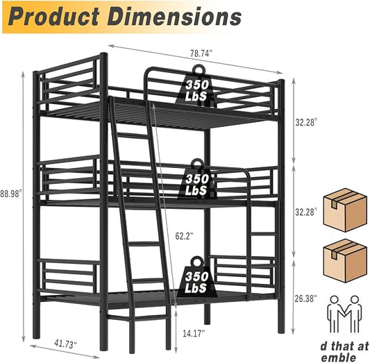 Metal Triple Bunk Bed,Twin Over Twin Bunk Bed for 3, 3 Beds with Guardrail and Ladder, Heavy Duty Triple Bed Frame Suitable for Teenagers/Adults, No Box Spring Needed (Black D)