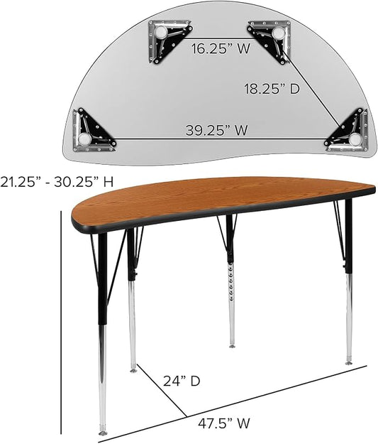 Flash Furniture 47.5" Half Circle Wave Collaborative Oak Thermal Laminate Activity Table - Standard Height Adjustable Legs