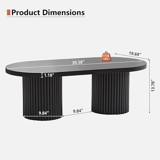 Small Fluted Coffee Table, Farmhouse Oval Wood Coffee Table Mid Century Modern Center Table Boho Living Room Tables for Living Room, Black
