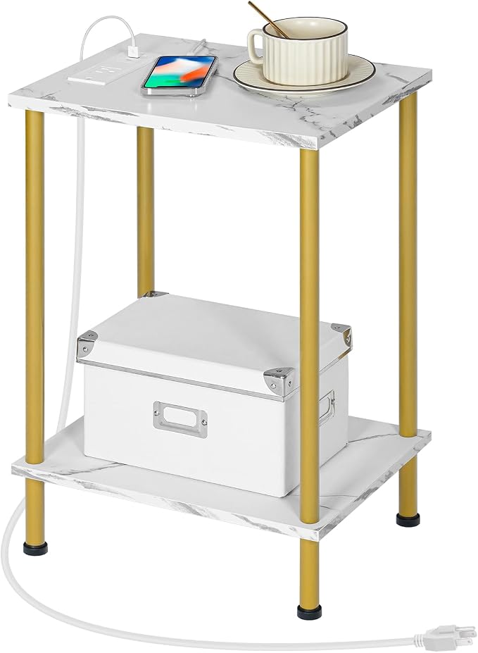 HOOBRO Side Table with Charging Station, End Table with USB Port and Outlet, Nightstand with 2-Layer Storage Shelves for Small Spaces, Living Room, Bedroom, Stable Frame, Gold and Marble DM09UBZ01