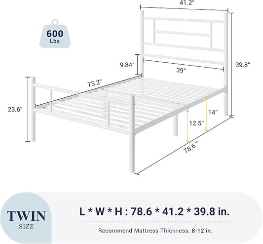 Allewie 14 Inch Twin Size Metal Platform Bed Frame with Headboard and Footboard, Underbed Storage, Strong Metal Slats Support, Mattress Foundation, No Box Spring Needed, Easy Assembly, White