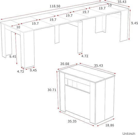 Extendable Dining Table with Built-in Power Outlet, 118” Expandable Dining Table for 11, Storage Cabinet Console Table, Modern Dining Room Furniture Gray