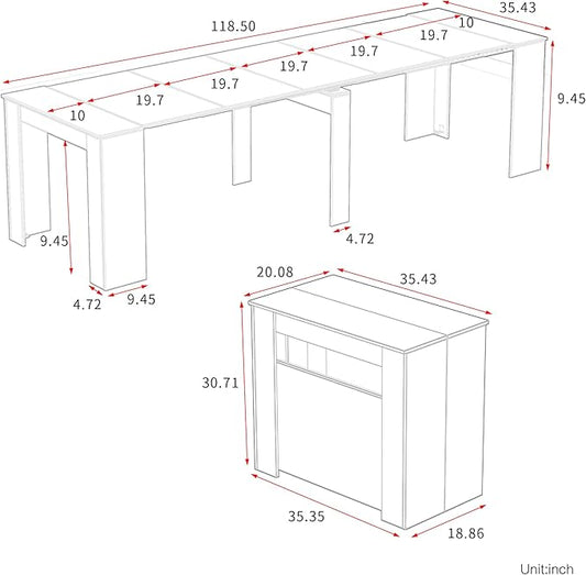 Transformer Dining Table for 12, 118” Expandable Marble Dining Room Table, Space Saving Console to Dining Table Marble & White