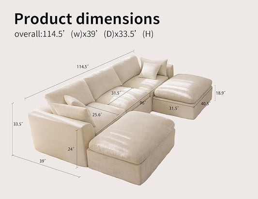 115" Modular Sectional Sofa – Modern Cloud Couch with Deep Chenille Seats, U-Shaped Boneless Sofa, Pet-Friendly, No Assembly, Warm White (3 Seater + 2 Ottoman)