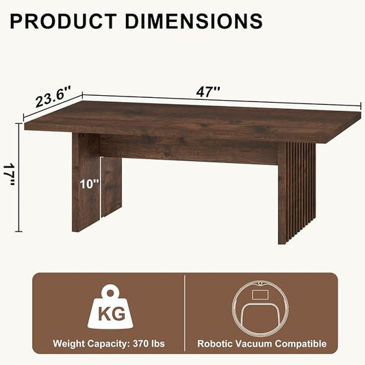 BON AUGURE 47 Inch Coffee Table, Fluted Side Panels Coffee Tables for Living Room, Large Wooden Tabletop Center Table, Farmhouse Living Room Tables for Lounge, Office, Rustic Oak