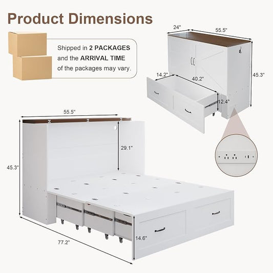 KCGKCG Full Size Murphy Bed with Storage & Charging Station, Murphy Cabinet Bed with Drawer for Guest Bedroom, Living Room, Office or Small Room, Full Foldable Platform Bed (White, Full)