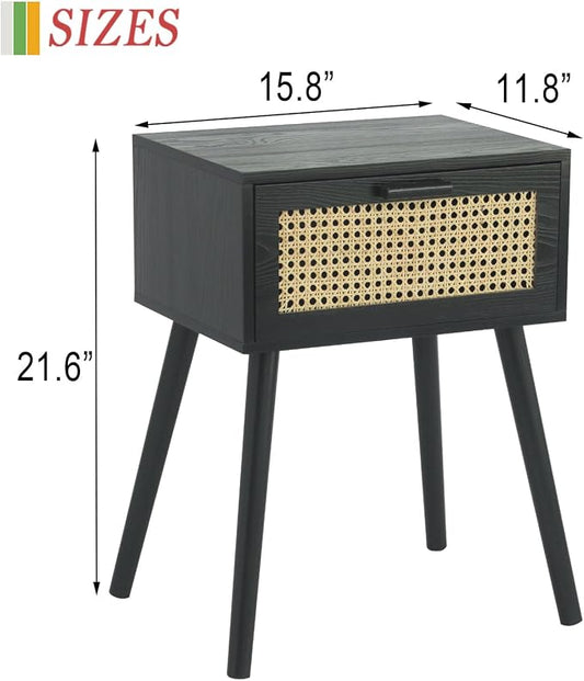AWASEN Mid Century Modern Nightstand, Rattan Side Table with Drawer, Black Bedside Table with Storage and Solid Wood Legs for Living Room, Bedroom and Small Space (Black)