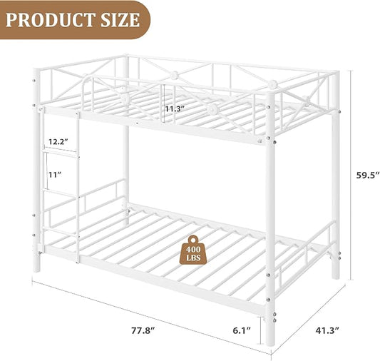 Garvee Metal Bunk Bed Twin Over Twin, Industrial Bunkbeds Heavy Duty Bed with Safety Guard Rails and Space-Saving Design, Steel Bed for School, Bedroom, White
