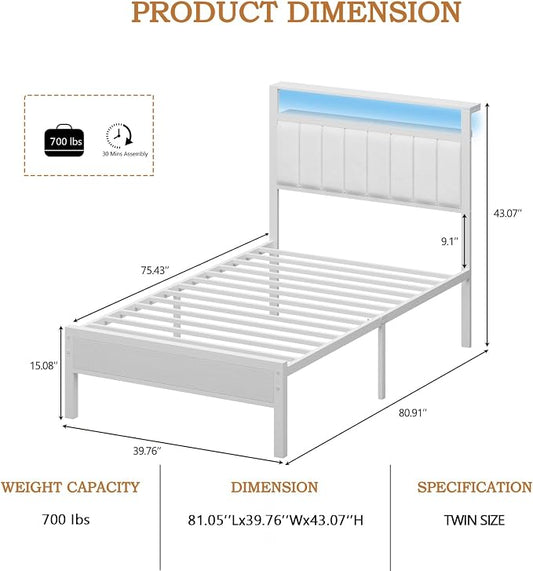 Furnulem Twin Size Bed Frame with Charging Station & LED Lights, Modern Platform Bed with 2-Tier Storage Shelves, White PU Leather Upholstered Headboard, No Box Spring Needed, Metal Slats Support
