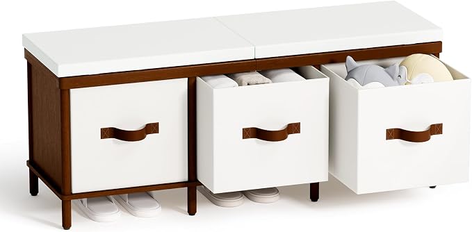 Storage Bench, 43.3" Bamboo Storage Chest with 3 Drawer, Entryway Bench with Cushioned Seat, Shoe Bench with Storage Toy Box, Toy Chest Storage Bench for Entryway, Living Room, Bedroom, Walnut