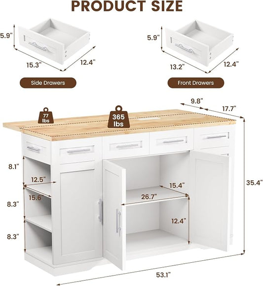Dripex 53'' Rolling Kitchen Island with Power Outlet, Drop Leaf & Trash Can Storage, Large Island Cart on Wheels with Rubberwood Top, 4 Drawers, Open Shelves, for Kitchen, Dining Room (White)