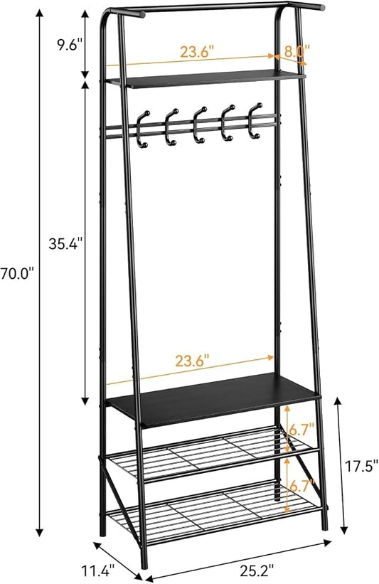 IDEALHOUSE Coat Rack Shoe Bench with 5 Hooks, Hall Trees Entryway Bench with Storage, Wood Look Accent Furniture with Metal Frame for Entryway, Living Room, Bedroom (Deep Black)
