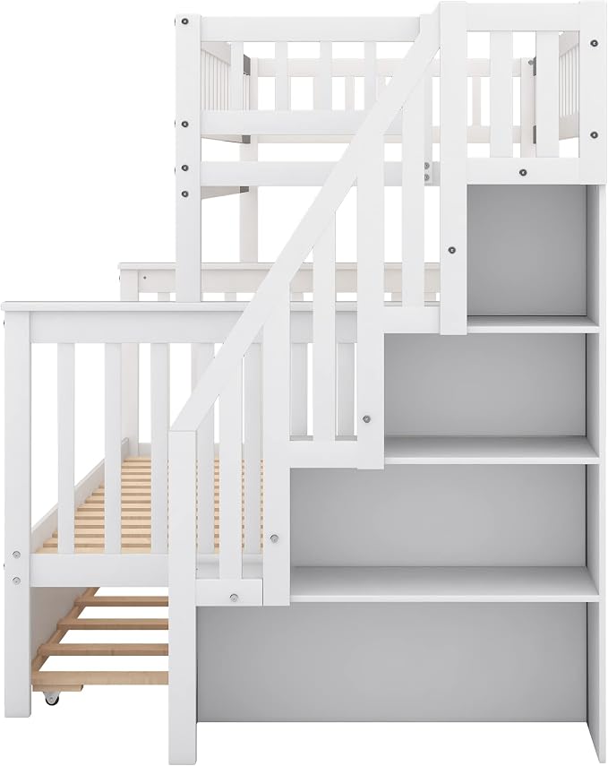 MERITLINE Twin Over Full Bunk Bed with Trundle, Storage Staircase,Solid Wood Bunk Bed with Storage Stairs Box and Guardrail, No Spring Box Needed (White)