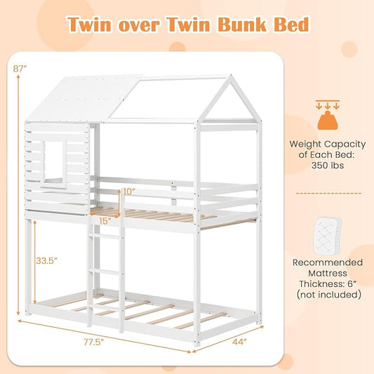 Giantex Wood Bunk Bed Twin Over Twin, House Bed Frame with Ladder and Guardrail, Floor Bunk Bed with Wood Slats for Kids, Girls, Boys, Dormitory and Bedroom, No Box Spring Needed, White