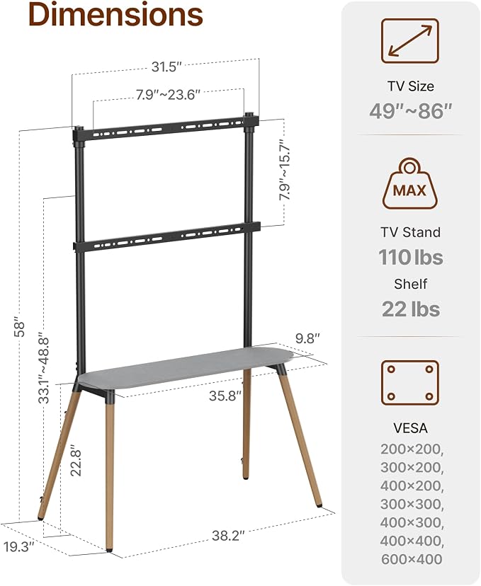 Easel Floor TV Stand with Storage for 49-86 inch TVs, Height Adjustable 4-Leg Universal TV Stand with Cable Management & Protective Pads, Holds 110 lbs for Living Room, Office, School, Black