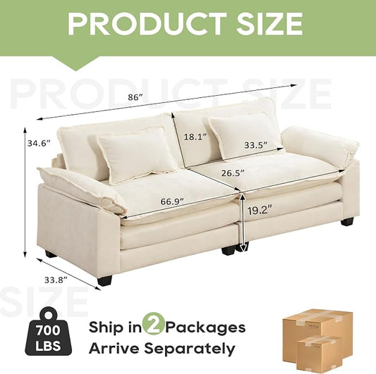 Oprisen 86" Modular Sectional Sofa, Comfy Cloud Couch Sectional Sofa, Chenille Sofa Sleeper Deep Seat Sofa with Throw Pillows for Living Room (Beige White, 86"- Loveseat)
